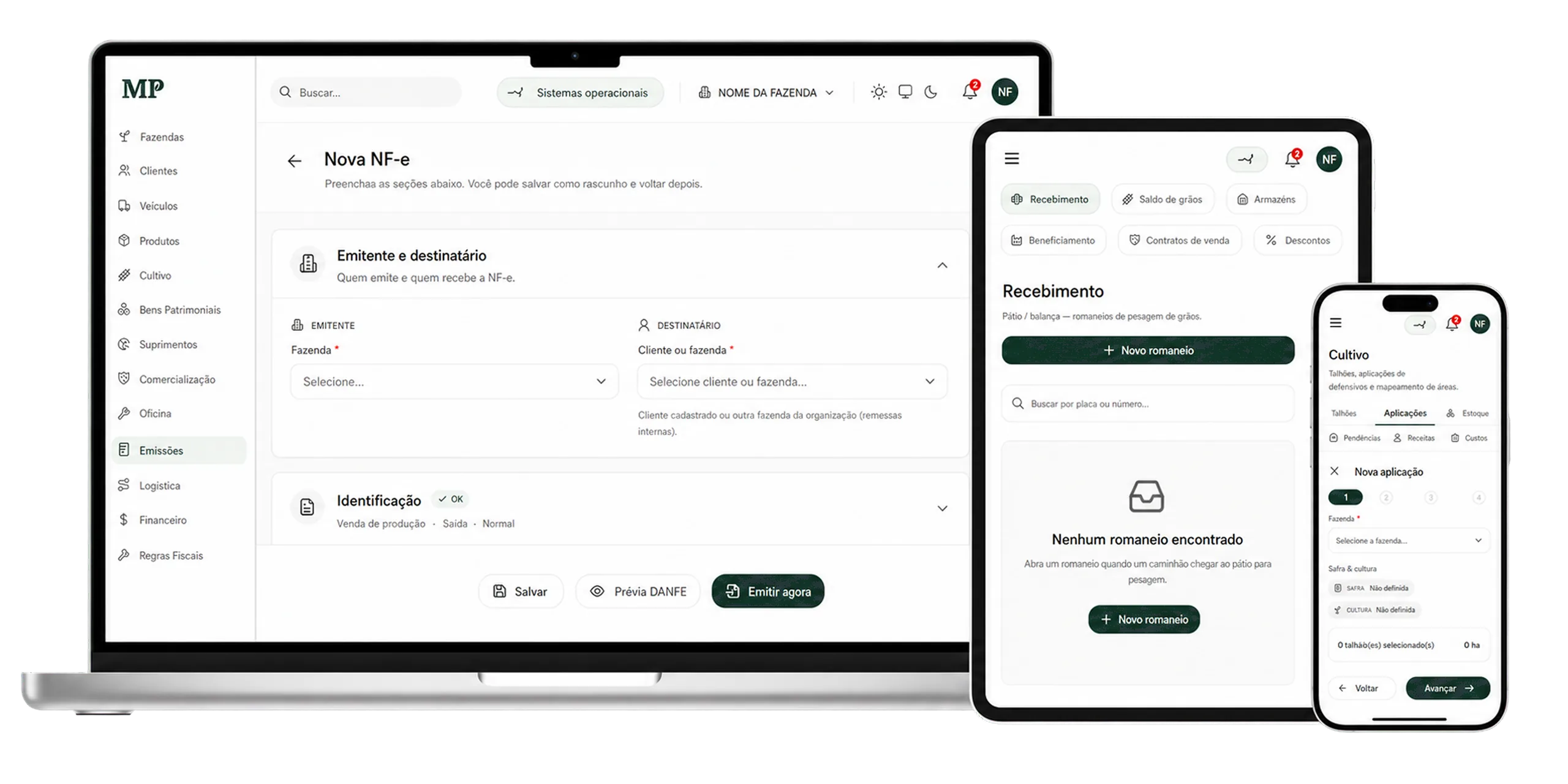 Dashboard da Minha Porteira aberto no notebook, tablet e celular